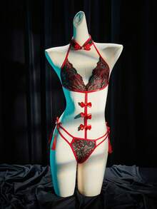 SpicyHot Bộ 2 món áo liền quần kiểu sườn xám ren hai màu gợi cảm dành cho nữ, có nơ trang trí. - Nhiều màu - Xem 1