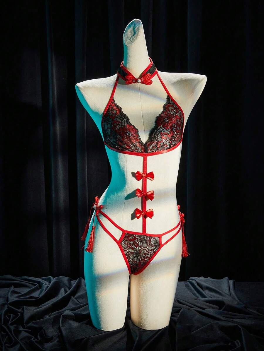 SpicyHot Bộ 2 món áo liền quần kiểu sườn xám ren hai màu gợi cảm dành cho nữ, có nơ trang trí. - Nhiều màu - Xem 1