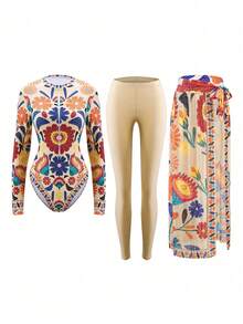 Swim Mulvari Women's New Printed Round Neck Long Sleeve One-Piece Swimsuit, Fitted Long Pants And Beach Skirt 3 Pieces Set - Multicolor - View 7
