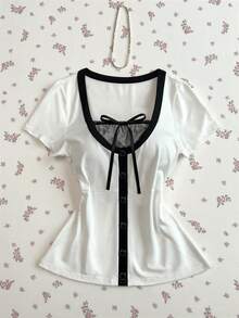 Elamini Casual Striped Patchwork Women T-Shirt - Black and White - View 1