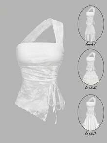 SHEIN MOD White Asymmetric Strap Slim Drawstring Slit Hem Women's Tank Top With Lace – Bohemian, Beachwear, Date, Party, Women's Summer And Spring Wear, Spring Break, Vacation, Picnic, Festival, Birthday - White - View 2