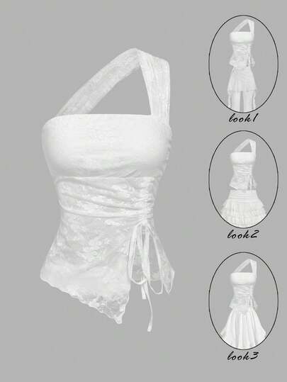SHEIN MOD 白色不对称吊带修身抽绳开衩下摆蕾丝女式吊带背心 – 波西米亚风，适合海滩度假、约会、派对、春夏装、春假、度假、野餐、节日、生日等场合