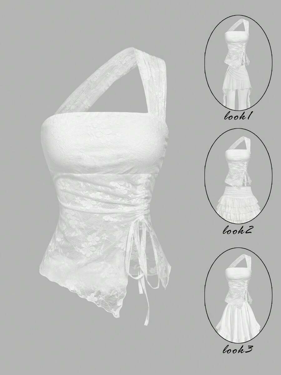 SHEIN MOD 白色不对称吊带修身抽绳开衩下摆蕾丝女式吊带背心 – 波西米亚风，适合海滩度假、约会、派对、春夏装、春假、度假、野餐、节日、生日等场合 - 白色 - 查看 1