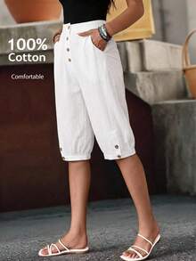 EMERY ROSE Quần ống rộng màu trơn thoải mái cho nữ đi nghỉ mát, quần lửng nữ, quần hè nữ, quần cạp cao, quần lửng ống rộng nữ, quần short dài nữ, quần short cotton, áo đi chơi, trang phục mùa hè, trang phục đi biển cho nữ, trang phục thường ngày cho nữ, quần trắng. - trắng - Xem 1
