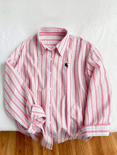 Resyla New Stylish Loose Lightweight Casual Striped Horse Embroidery Long Sleeve Shirt For Women