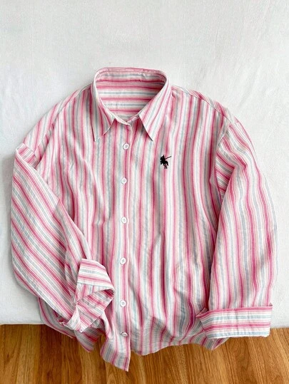 Resyla New Stylish Loose Lightweight Casual Striped Horse Embroidery Long Sleeve Shirt For Women
