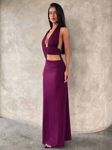 Aloruh 女士优雅纯色连衣裙，性感露背修身长裙，派对礼服，高腰镂空连衣裙 - 中紫紅色 - 查看 4