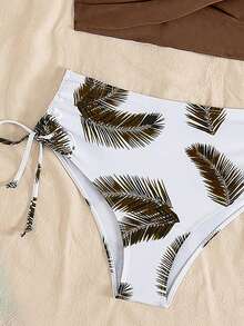 Swim Lushoire Summer Beach Tropical Print Drawstring Side Bikini Set High Waisted Bikini Set - Brown - View 4