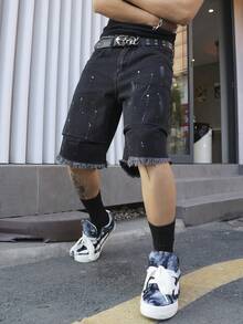 Manfinity EMRG Men's Summer Black Fringe Hem Distressed Loose Denim Shorts - Black - View 8