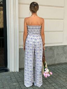 Elyressa 女士度假风无肩带休闲连体裤，蓝色贝壳和海星印花设计，收腰，正面褶皱，蝴蝶结宽松直筒阔腿裤 - 藍白色 - 查看 2