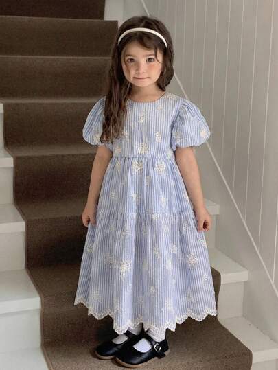 DAZY Vestido de niña con mangas de pétalo bordado a rayas azul claro