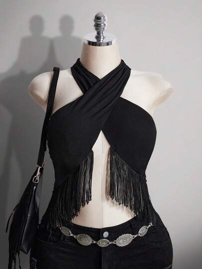 SHEIN ICON Plus Size Women Criss-Cross Halter Tasseled Backless Knit Top, Suitable For Music Festivals, Vacation, Beach