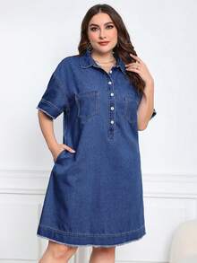 SHEIN Unity 大码夏季休闲纽扣前落肩牛仔中长连衣裙 - 中等水洗藍 - 查看 4