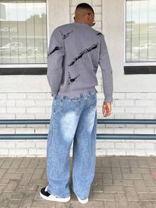 Ngobest Haus Ngobest Haus ANDREILEE 秋冬男女通用哥特街头风字母嵌花图案休闲宽松圆领插肩袖套头毛衣 - 灰色 - 查看 2