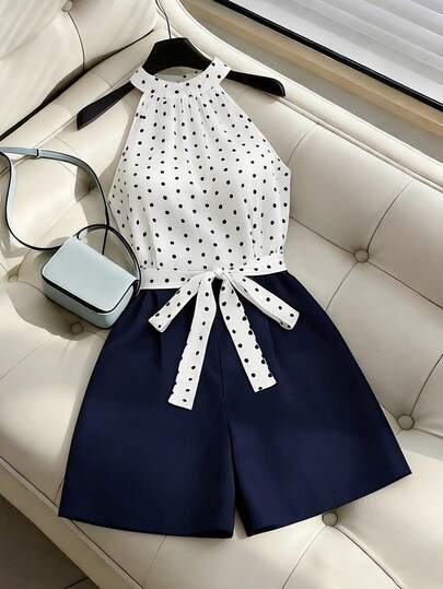 Franclia French Elegant Commuter Sleeveless Fitted Short Polka Dot Jumpsuit, Multi-Color, Spring/Summer New Arrival