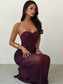 Firerie Women's Elegant Romantic Strapless Ruched Dress With Mesh Overlay, Suitable For Wedding - Red Violet - View 6