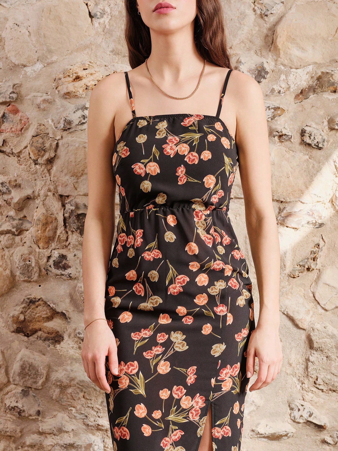 Floral Fitted Midi Dress With Straight Neckline And Straps Cute Black Dress Flower Dress Summer Vacation Dress Spring Summer French Style Parisian Style