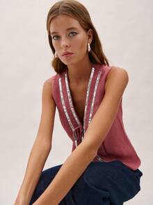 Nöista 女士V领亮片系带休闲百搭日常上衣 - 珊瑚粉 - 查看 3