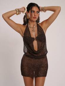 SHEIN BAE 2件套 女士休闲度假派对抹胸上衣和针织毛衣 - 咖啡棕 - 查看 1