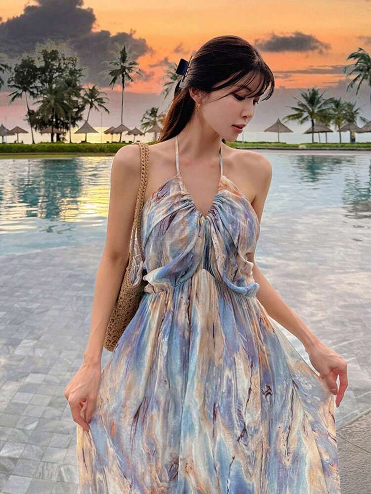 Women's Vacation Casual Tie-Dye Print Backless Dress Summer Sun Dresses For Women