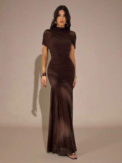 SHEIN Tall Elegant Ruched Skirt Bodycon Dress, Suitable For Cocktail Party, Romantic Date, Autumn/Winter Layering, Party, Formal Gathering, Christmas,Winter Dresses For Women,New Year Dress,Elegant Dresses For Party,Dresses For Women Elegant,New Year Dress ,Elegant Party Dresses Brown Formal Dress