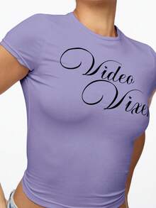SUMWON WOMEN Video Vixen Retro Script Crop Top With Short Sleeves And Crew Neckline Graphic Tee Style Fitted Cotton Casual - Lilac Purple - View 5