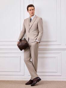 Officeau 男士米色修身西装三件套：外套、马甲和西裤，经典正式商务婚礼着装，休闲男士西装外套 - 米色 - 查看 10