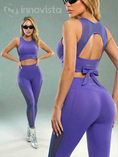 Innovista Women's Solid Color Lace-Up Backless Cropped Tank Top & Leggings, Other Dance Wear Purple 2pcs Sleeveless Sports Bra + Pocket Leggings Set, Back Tie Design, Removable Pads, Side Mesh Panels, Side Pockets, High Waist Tummy Control, Supportive Stretch & Squat Proof, Yoga/Gym/Pilates/Running, Athleisure GymTok Hot Girl Walk