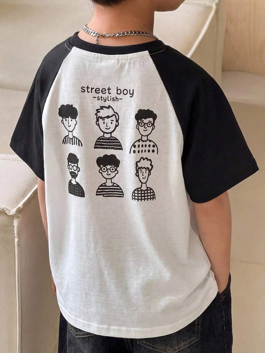 SHEIN Little Byeori 1pc Young Boy White Knitted Graffiti Portrait Pattern Casual Summer Tops,Suitable For School,Commuting,Daily Wear,Sports,Spring And Summer Style