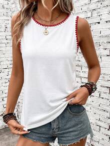 SHEIN LUNE 女士休闲刺绣撞色滚边背心，夏季女士背心，夏季女士马甲，休闲背心，女士吊带背心，女士无袖上衣 - 彩色 - 查看 3