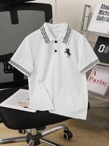 SHEIN Vacaura 青少年男孩骑士印花短袖Polo衫，适合休闲穿着 - 白色 - 查看 6