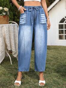 Breezaya Women's Casual Washed Drawstring Waist Jeans - Blue - View 1