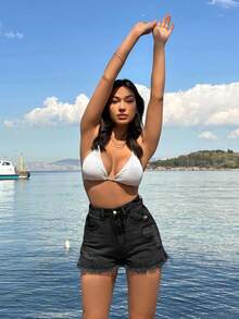 EURMUSE 100%Cotton Back Label Detailed Short With Destroy - Black - View 6