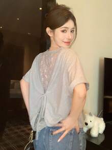 DAZY 女士圆领蕾丝拼接休闲系带短袖T恤 夏季 - 灰色 - 查看 5