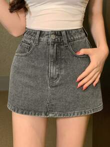 DAZY 女士休闲水洗牛仔迷你裙，夏季牛仔短裤 - 灰色 - 查看 4