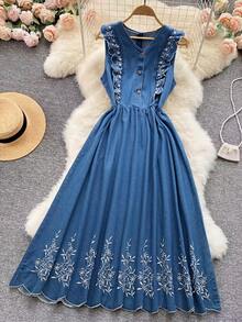 GlowEve Women's Embroidered Ruffle Hem Sleeveless Denim Dress - Medium Wash - View 2