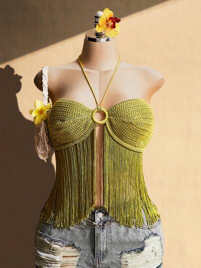 SHEIN ICON Plus Size Women Vacation Solid Color Tassel Hem Halter Knit Top