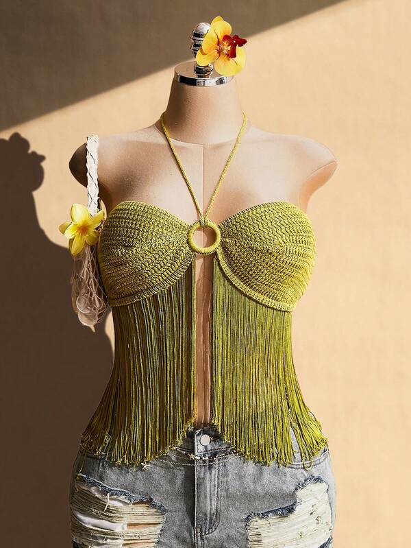 SHEIN ICON Plus Size Women Vacation Solid Color Tassel Hem Halter Knit Top