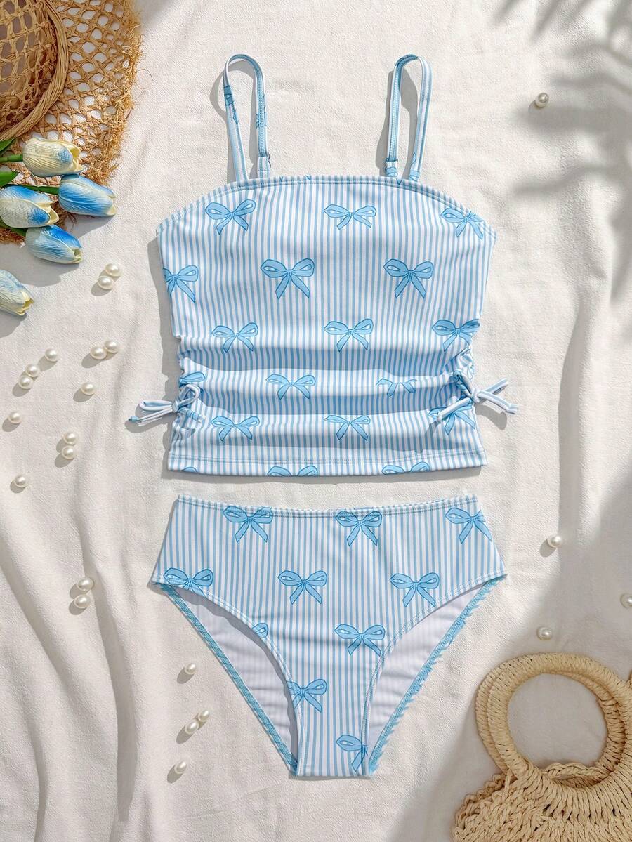SHEIN Tween Girl 2 Pieces Tankini Set,Blue White Striped Bow Decor Camisole Swimwear,Cute Summer Holiday Beach Bathing Suits For Pool Party,Spring Summer - Baby Blue - View 1