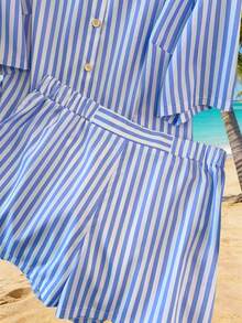 GlowEve CURVE Plus Size Summer Casual Striped Button-Front Short Sleeve Shirt And Shorts 2 Pieces Set - Blue - View 4