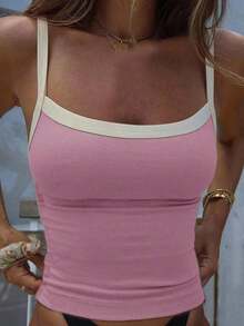 SHEIN Essnce 4 件装女士夏季运动训练撞色休闲吊带针织背心网球上衣，95% 棉，黑色、白色、粉色、蓝色 - 彩色 - 查看 5