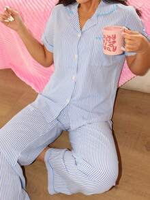 Blue Striped Short Sleeve & Pants Women Pajama Set - Multicolor - View 4