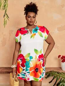 BrightlyHer 大码花卉缺口V领蝙蝠袖夏季连衣裙 - 彩色 - 查看 3