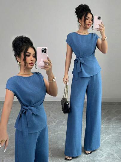 Elenzga Women's Elegant Commuter Casual Blue Pleated Adjustable Waist Bow Tie Blouse + Women's Elegant Commuter Casual High Waist Pocket Design Loose Wide Leg Pants