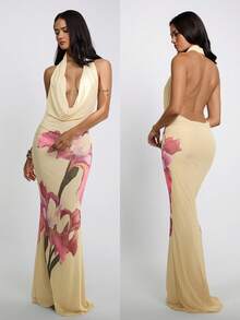 Aloruh 女士性感露背吊带连衣裙，花卉刺绣印花，黄色，适合度假穿着 - 黃色 - 查看 2