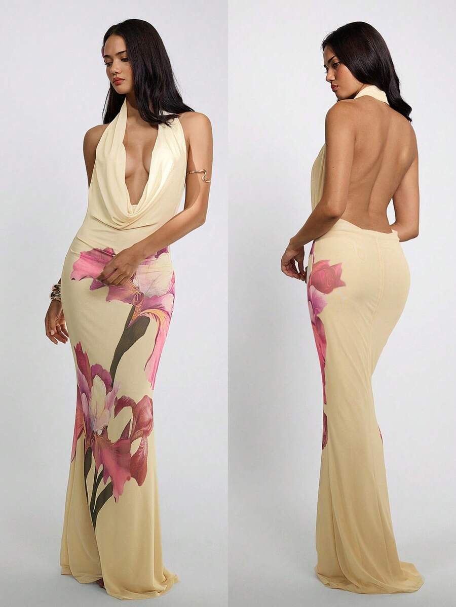 Aloruh 女士性感露背吊带连衣裙，花卉刺绣印花，黄色，适合度假穿着