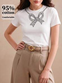 Anewsta Áo thun nữ tay ngắn cổ tròn họa tiết nơ, kiểu dáng thường ngày, đa năng. - trắng - Xem 5