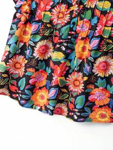Linhara Colorful Floral Print V-Neck Ruffle Sleeve Blouse - Multicolor - View 7