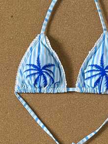 Swim Mod Halter Tropical Women Bikini Sets With Tie Side Bottom Knot Details Multicolor Fabric - Multicolor - View 4