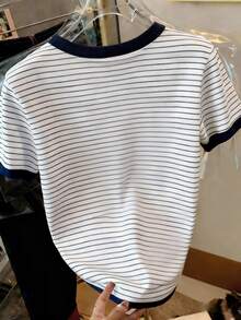 Resyla Women's Round Neck Striped Contrast Trim Lobster Embroidery Casual Everyday Short Sleeve T-Shirt - Multicolor - View 2